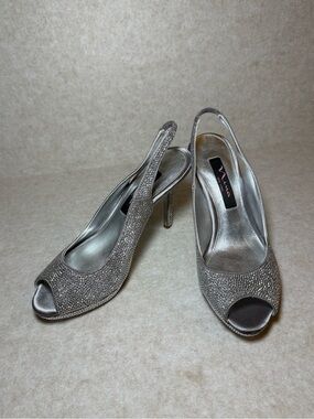 Nina New York Silver Sparkling Slingback Peep Toe High Heels Size US 6 1/2
